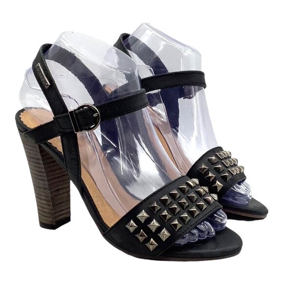 DIESEL 36 Cuir Desir Soleil Studded Sandal Block Heel Black Leather Ankle Strap - Picture 2 of 11